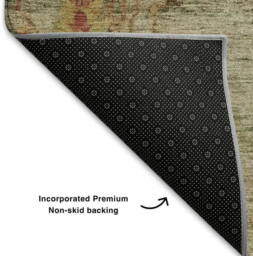 8' Artichoke Green And Rust Floral Washable Round Rug With UV Protection Photo 6