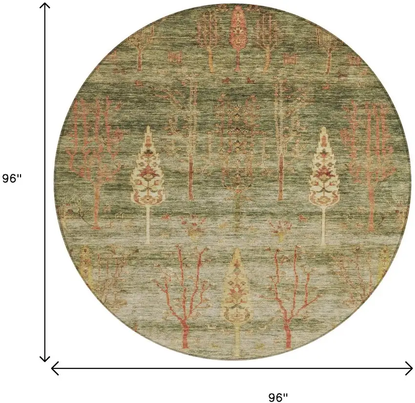 8' Artichoke Green And Rust Round Floral Washable Indoor Outdoor Area Rug Photo 9