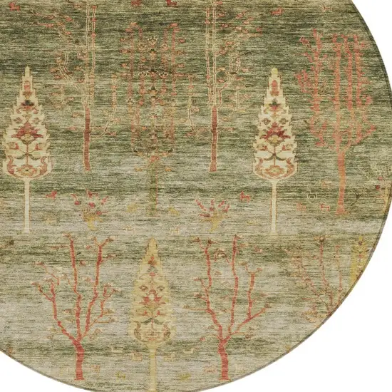 8' Artichoke Green And Rust Round Floral Washable Indoor Outdoor Area Rug Photo 8
