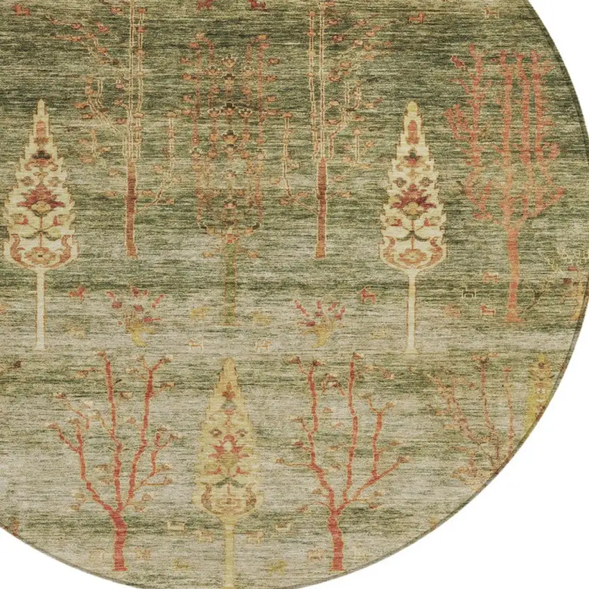 8' Artichoke Green And Rust Round Floral Washable Indoor Outdoor Area Rug Photo 8