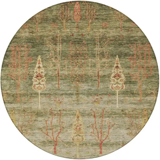 8' Artichoke Green And Rust Round Floral Washable Indoor Outdoor Area Rug Photo 3