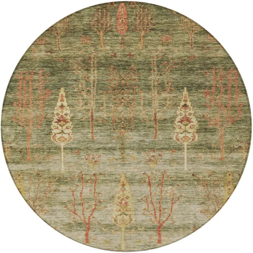 8' Artichoke Green And Rust Round Floral Washable Indoor Outdoor Area Rug Photo 3