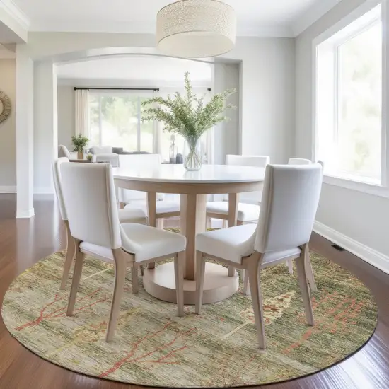 8' Artichoke Green And Rust Round Floral Washable Indoor Outdoor Area Rug Photo 6