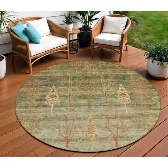 8' Artichoke Green And Rust Round Floral Washable Indoor Outdoor Area Rug Photo 2