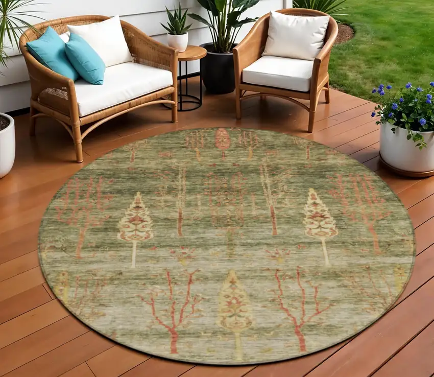 8' Artichoke Green And Rust Round Floral Washable Indoor Outdoor Area Rug Photo 2