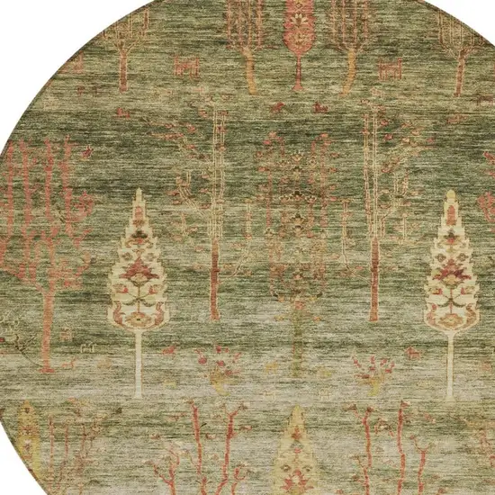 8' Artichoke Green And Rust Round Floral Washable Indoor Outdoor Area Rug Photo 4