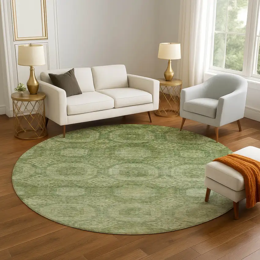 8' Artichoke Green And Sage Abstract Geometric Washable Round Rug With UV Protection Photo 5