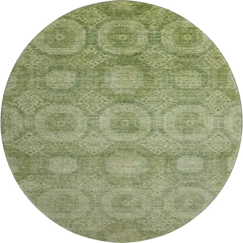 8' Artichoke Green And Sage Abstract Geometric Washable Round Rug With UV Protection Photo 1