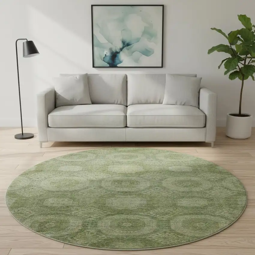 8' Artichoke Green And Sage Abstract Geometric Washable Round Rug With UV Protection Photo 2