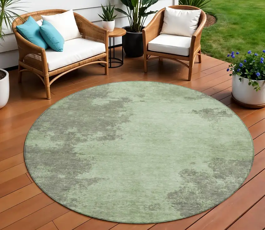 8' Artichoke Green And Sage Round Abstract Washable Indoor Outdoor Area Rug Photo 2