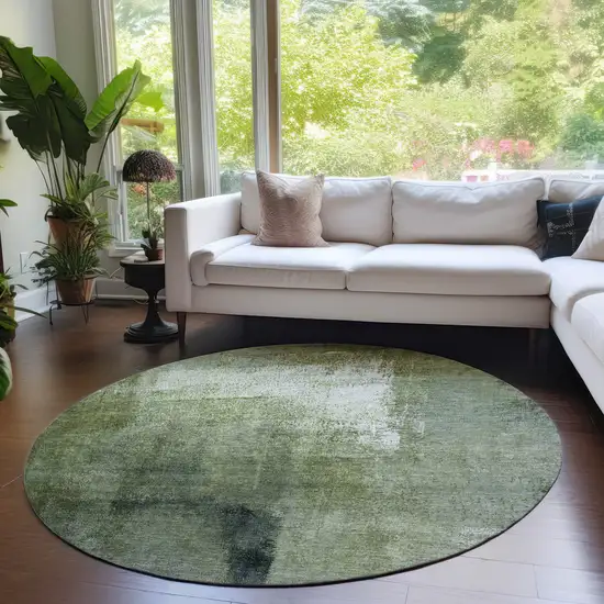 8' Artichoke Green And Sage Round Abstract Washable Indoor Outdoor Area Rug Photo 7