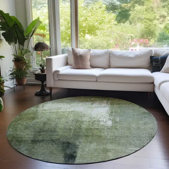 8' Artichoke Green And Sage Round Abstract Washable Indoor Outdoor Area Rug Photo 7