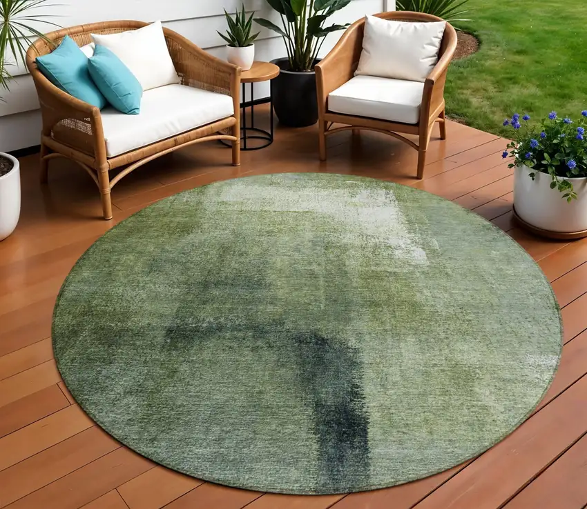 8' Artichoke Green And Sage Round Abstract Washable Indoor Outdoor Area Rug Photo 1