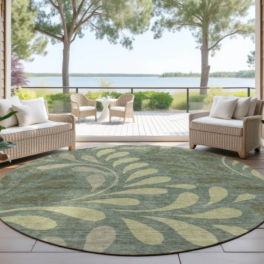 8' Artichoke Green And Sage Round Botanical Leaves Washable Indoor Outdoor Area Rug Photo 4