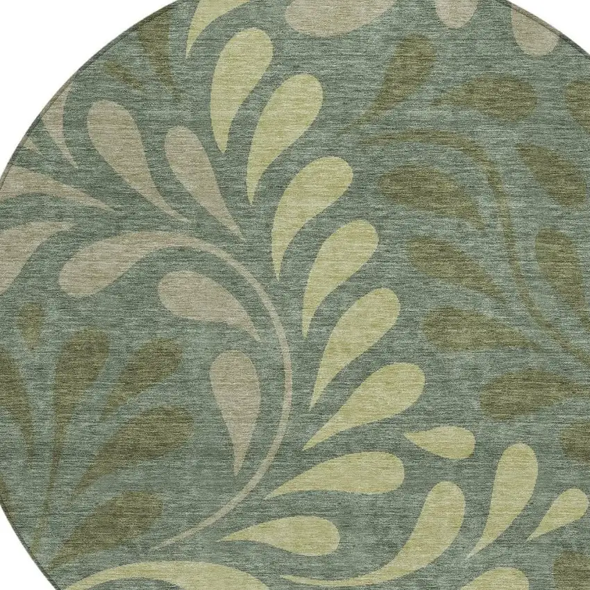 8' Artichoke Green And Sage Round Botanical Leaves Washable Indoor Outdoor Area Rug Photo 2