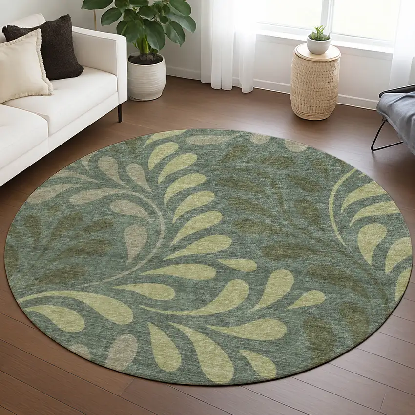 8' Artichoke Green And Sage Round Botanical Leaves Washable Indoor Outdoor Area Rug Photo 5