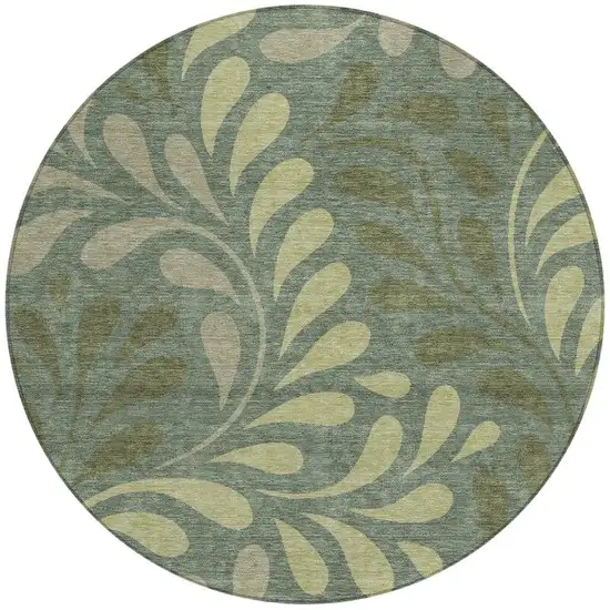 8' Artichoke Green And Sage Round Botanical Leaves Washable Indoor Outdoor Area Rug Photo 3