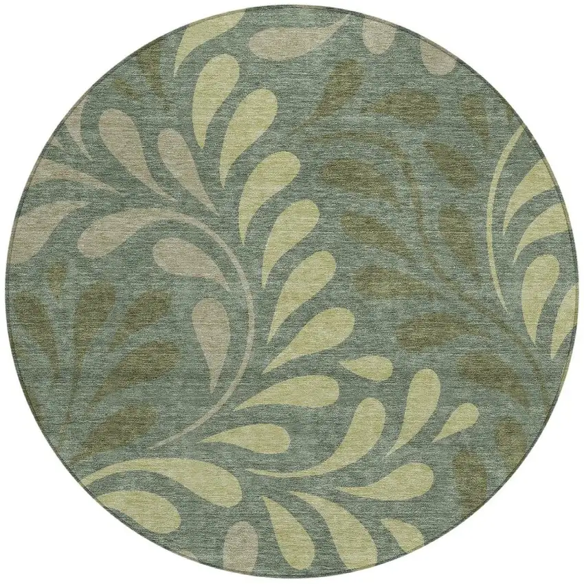 8' Artichoke Green And Sage Round Botanical Leaves Washable Indoor Outdoor Area Rug Photo 3