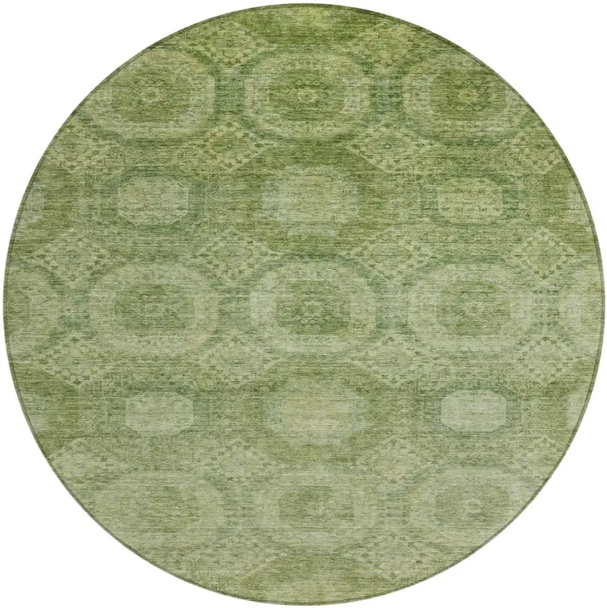 8' Artichoke Green And Sage Round Medallion Washable Indoor Outdoor Area Rug Photo 1
