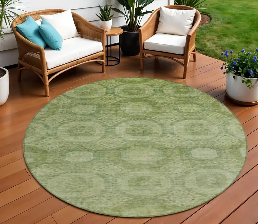 8' Artichoke Green And Sage Round Medallion Washable Indoor Outdoor Area Rug Photo 2