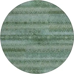 Photo of 8' Artichoke Green And Sage Round Striped Washable Indoor Outdoor Area Rug