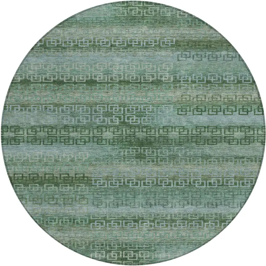 8' Artichoke Green And Sage Round Striped Washable Indoor Outdoor Area Rug Photo 1