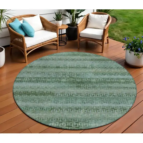 8' Artichoke Green And Sage Round Striped Washable Indoor Outdoor Area Rug Photo 2