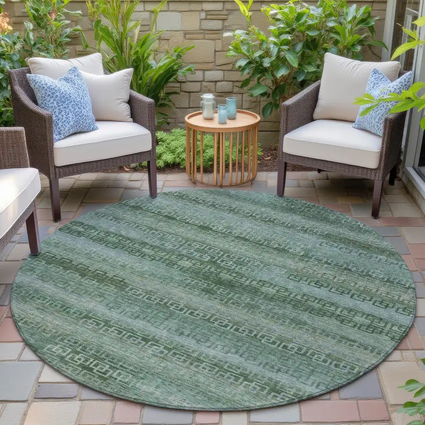 8' Artichoke Green And Sage Round Striped Washable Indoor Outdoor Area Rug Photo 6