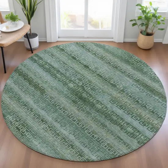 8' Artichoke Green And Sage Round Striped Washable Indoor Outdoor Area Rug Photo 5