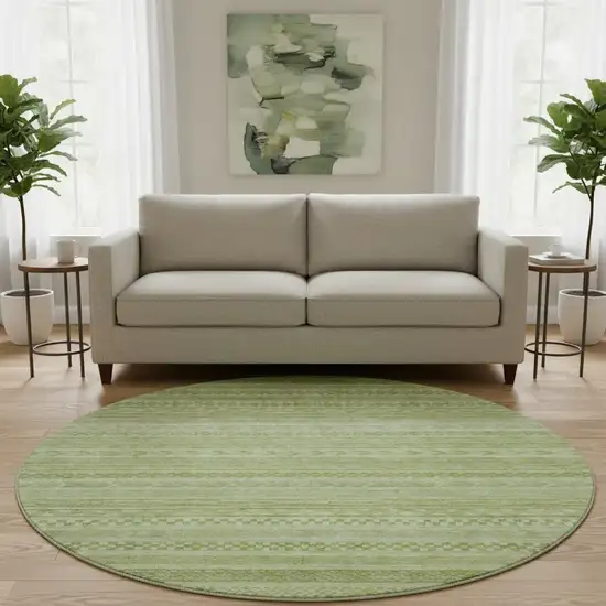 8' Artichoke Green And Sage Striped Washable Round Rug With UV Protection Photo 2