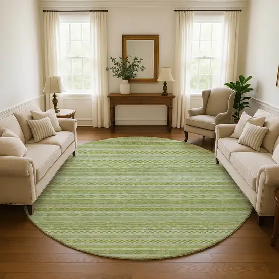 8' Artichoke Green And Sage Striped Washable Round Rug With UV Protection Photo 4