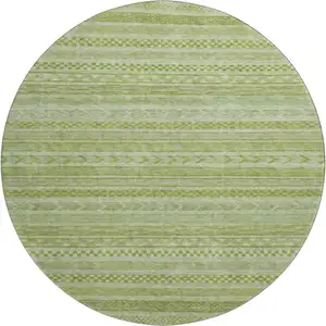 Photo of 8' Artichoke Green And Sage Striped Washable Round Rug With UV Protection