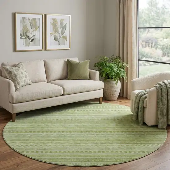 8' Artichoke Green And Sage Striped Washable Round Rug With UV Protection Photo 1