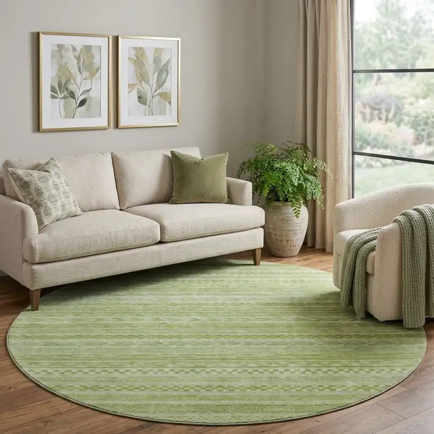8' Artichoke Green And Sage Striped Washable Round Rug With UV Protection Photo 1