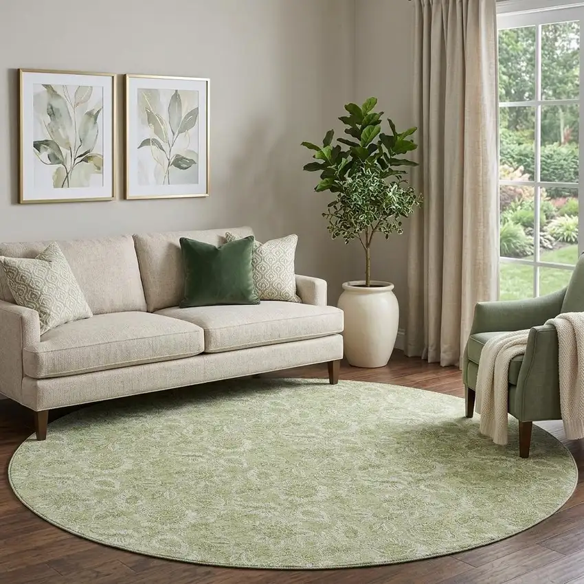 8' Artichoke Green And Silver Floral Washable Round Rug With UV Protection Photo 1