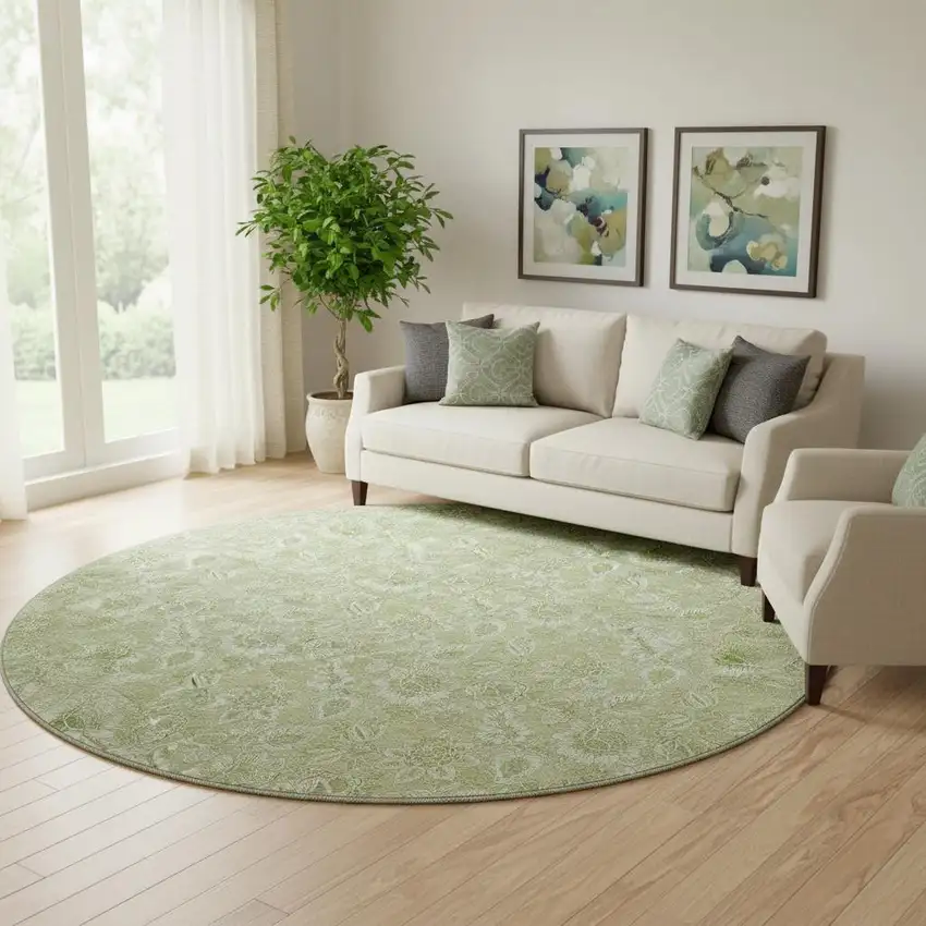 8' Artichoke Green And Silver Floral Washable Round Rug With UV Protection Photo 3