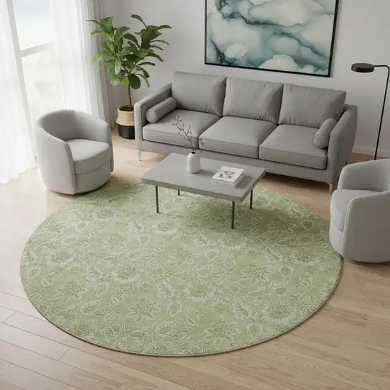 8' Artichoke Green And Silver Floral Washable Round Rug With UV Protection Photo 2