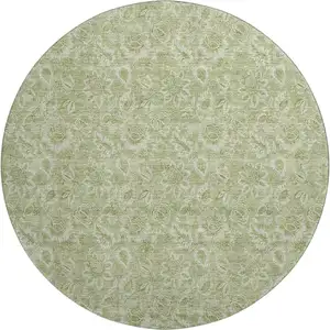 Photo of 8' Artichoke Green And Silver Floral Washable Round Rug With UV Protection
