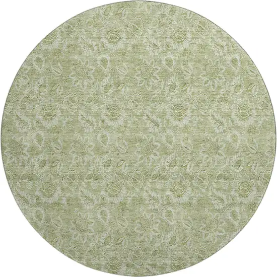 8' Artichoke Green And Silver Floral Washable Round Rug With UV Protection Photo 1