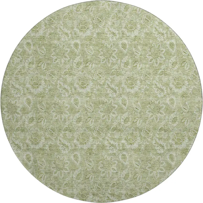 8' Artichoke Green And Silver Floral Washable Round Rug With UV Protection Photo 1