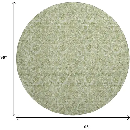 8' Artichoke Green And Silver Floral Washable Round Rug With UV Protection Photo 5