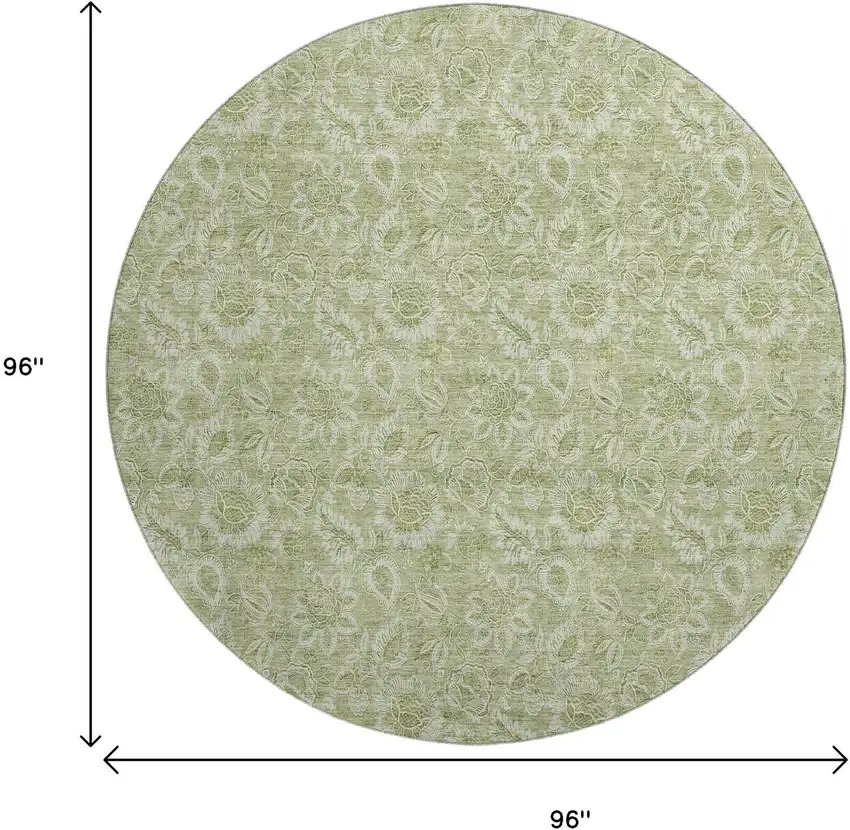 8' Artichoke Green And Silver Floral Washable Round Rug With UV Protection Photo 5