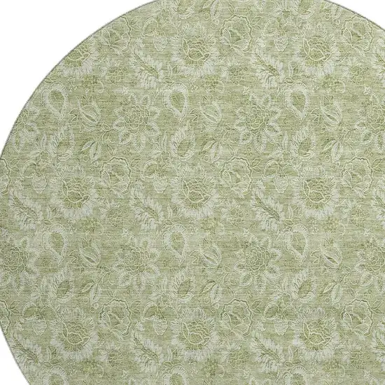 8' Artichoke Green And Silver Floral Washable Round Rug With UV Protection Photo 3