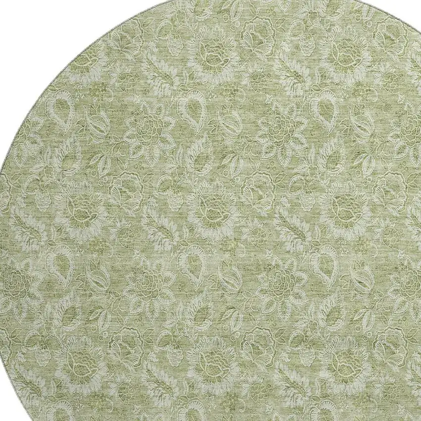 8' Artichoke Green And Silver Floral Washable Round Rug With UV Protection Photo 3