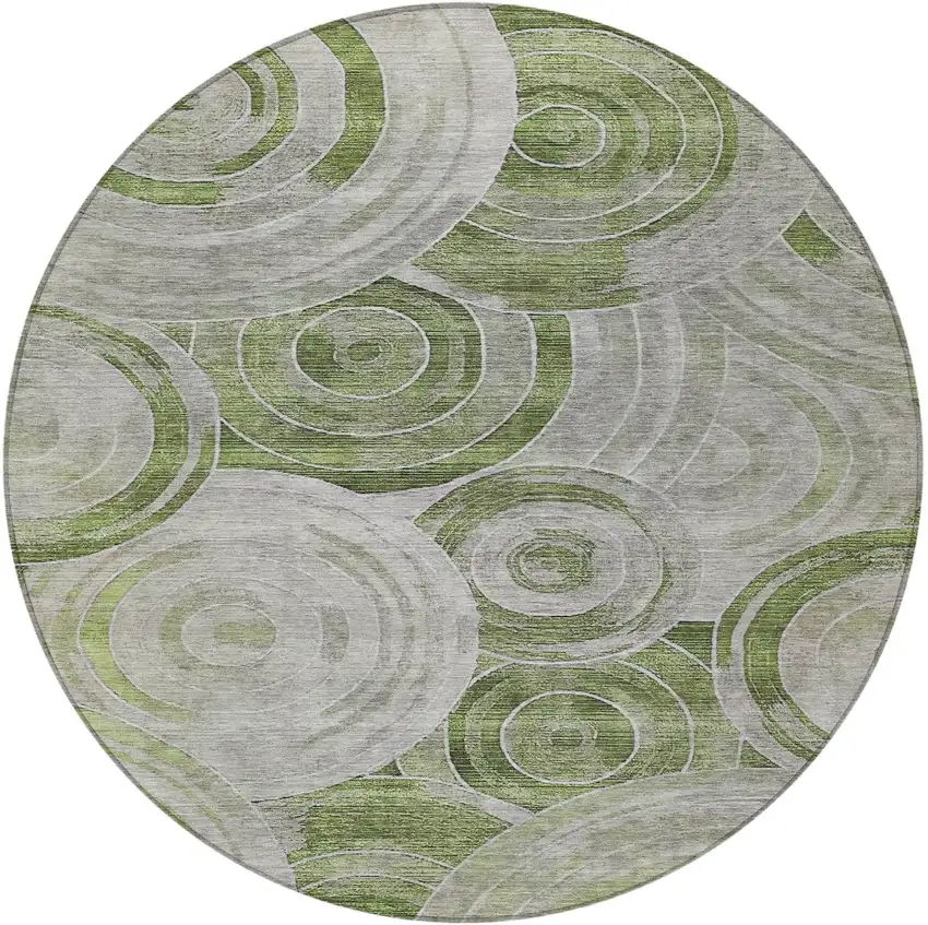 8' Artichoke Green And Silver Round Geometric Washable Indoor Outdoor Area Rug Photo 3