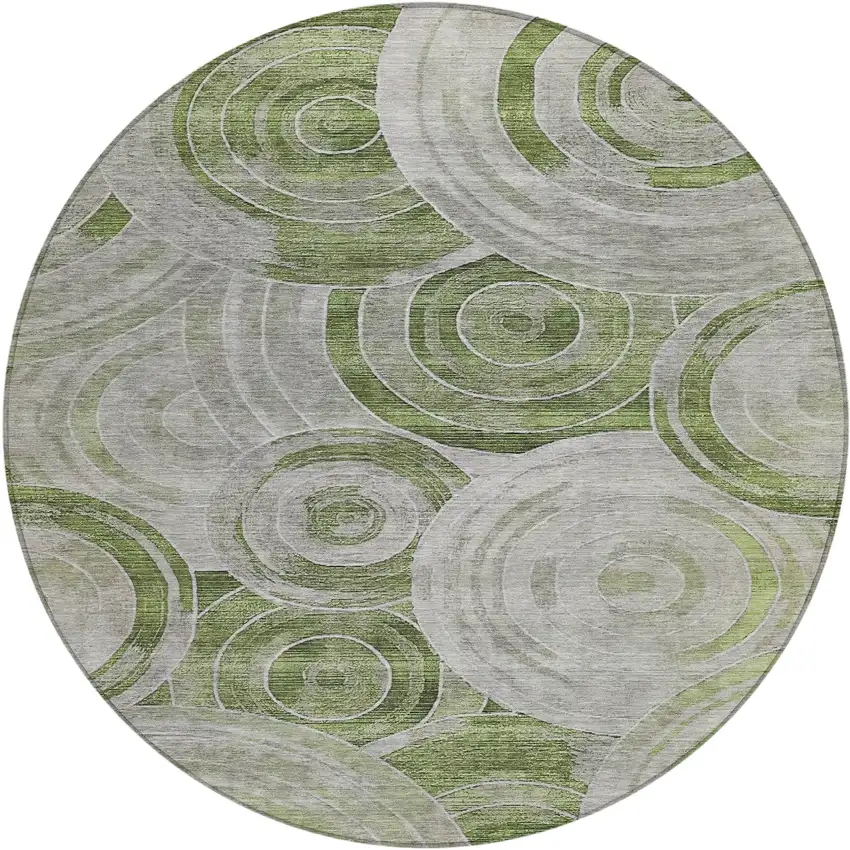 8' Artichoke Green And Silver Round Geometric Washable Indoor Outdoor Area Rug Photo 1