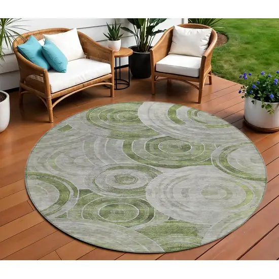 8' Artichoke Green And Silver Round Geometric Washable Indoor Outdoor Area Rug Photo 2