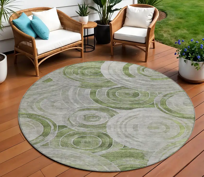 8' Artichoke Green And Silver Round Geometric Washable Indoor Outdoor Area Rug Photo 2
