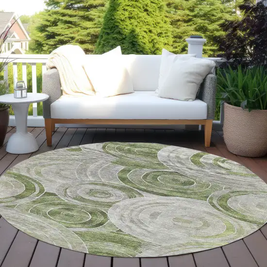 8' Artichoke Green And Silver Round Geometric Washable Indoor Outdoor Area Rug Photo 5