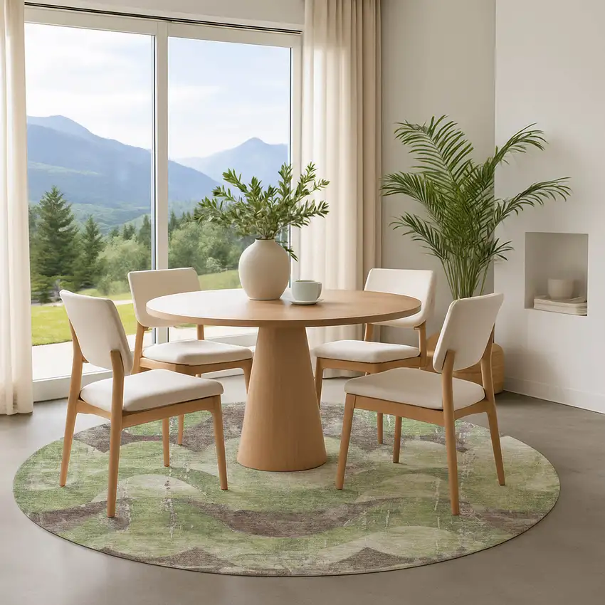 8' Artichoke Green And Taupe Abstract Washable Round Rug With UV Protection Photo 4